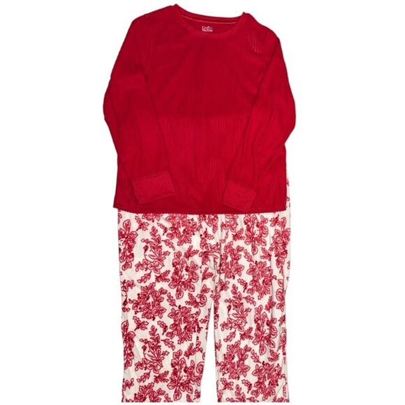 Croft Barrow Sleepwear Women XL 2 Piece Pajamas Red Rib Top Soft Fleece Flannel - Picture 1 of 6
